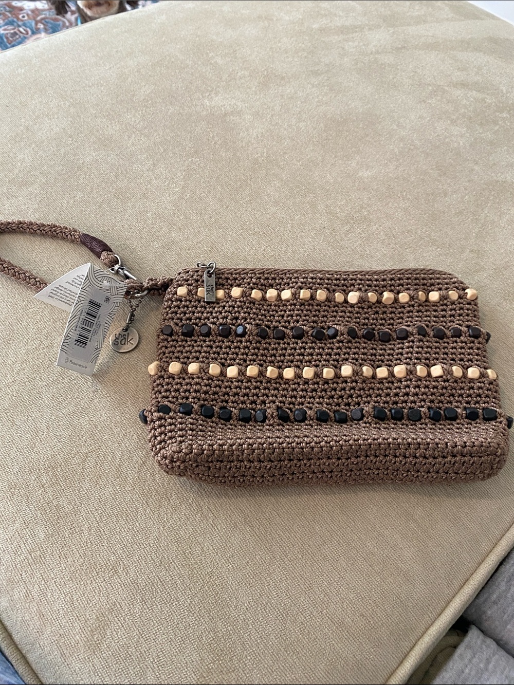 The Sak Brown Crochet Beaded Wristlet with Black & Tan Accents
